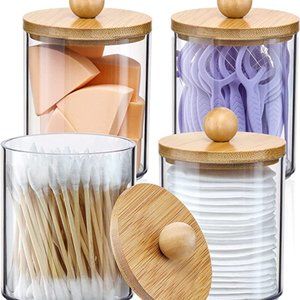 4 Pack Qtip Holder Dispenser with Bamboo Lids - 10 oz Clear Plastic Jar